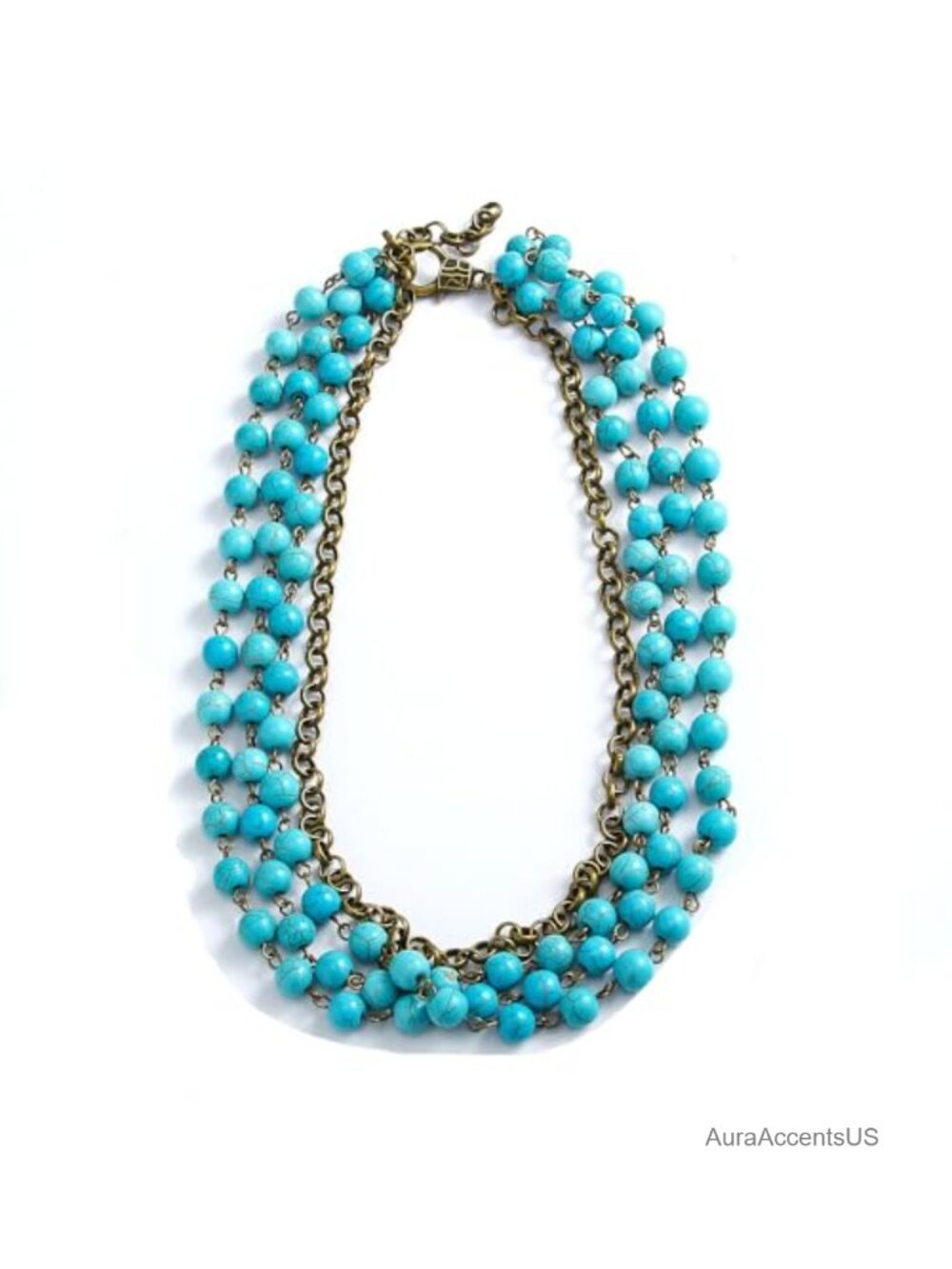 Boho Beaded Layered Necklace Turquoise Brass 4 Strand Choker